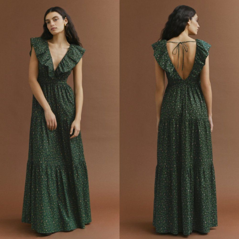 Reformation hunter green pink floral Fairfield ruffle plunge v-neck maxi dress